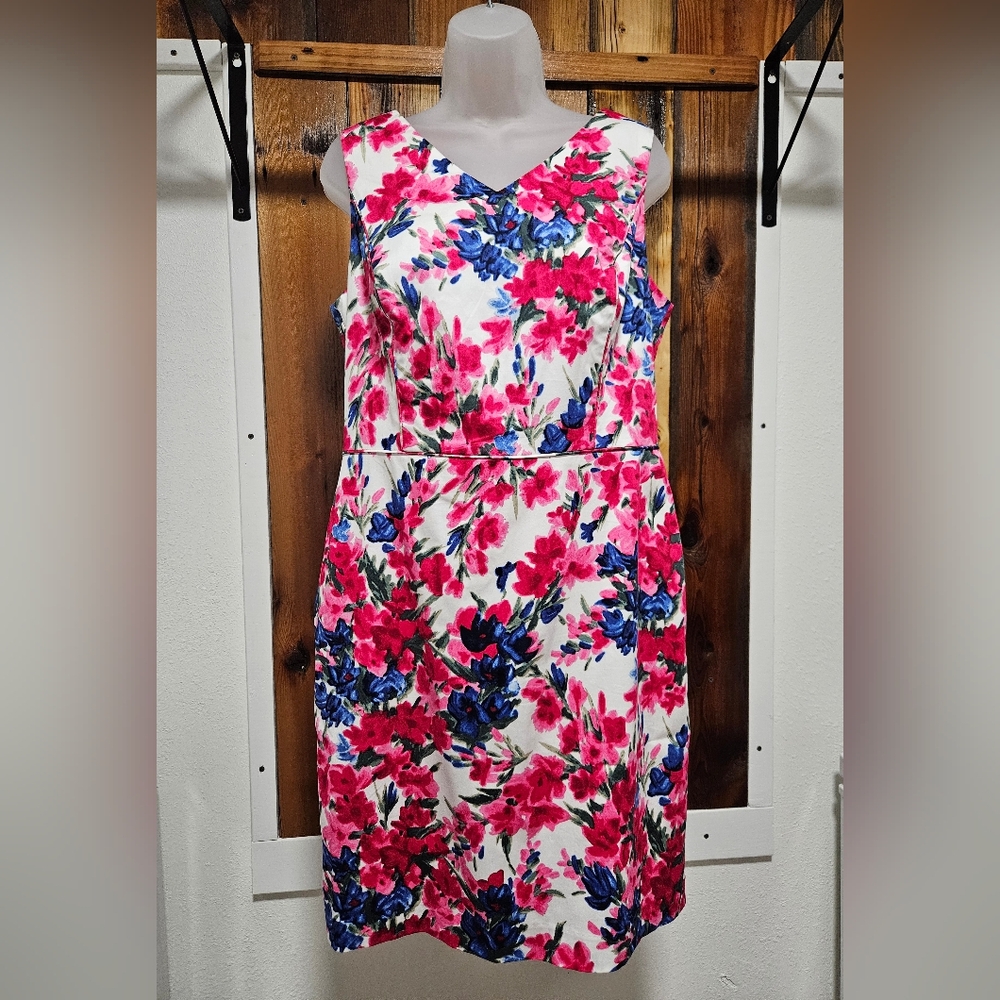 Talbots White Floral Sheath Dress with Pink and Blue Blooms